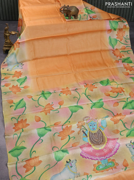 Pure tussar silk saree pale orange and sandal with plain body and pichwai hand painted pallu & border