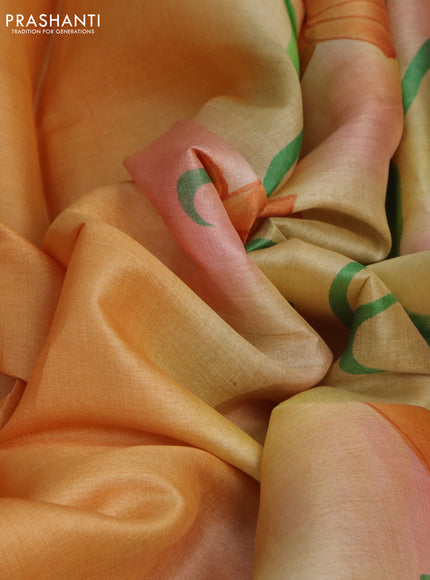 Pure tussar silk saree pale orange and sandal with plain body and pichwai hand painted pallu & border