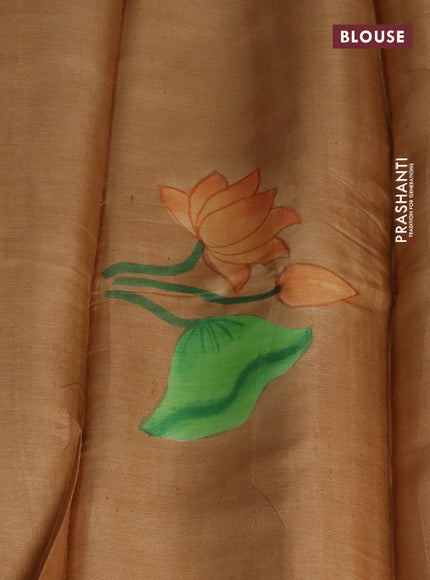Pure tussar silk saree pale orange and sandal with plain body and pichwai hand painted pallu & border