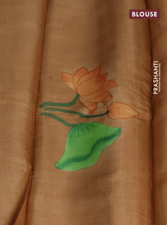 Pure tussar silk saree pale orange and sandal with plain body and pichwai hand painted pallu & border