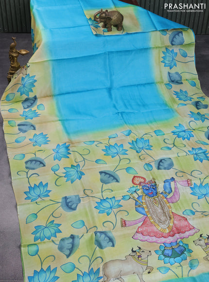 Pure tussar silk saree teal blue and green shade with plain body and pichwai hand painted pallu & border
