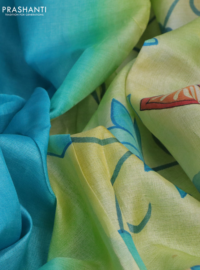 Pure tussar silk saree teal blue and green shade with plain body and pichwai hand painted pallu & border
