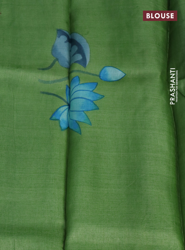 Pure tussar silk saree teal blue and green shade with plain body and pichwai hand painted pallu & border