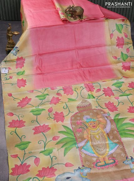 Pure tussar silk saree peach pink and pale orange with plain body and pichwai hand painted pallu & border