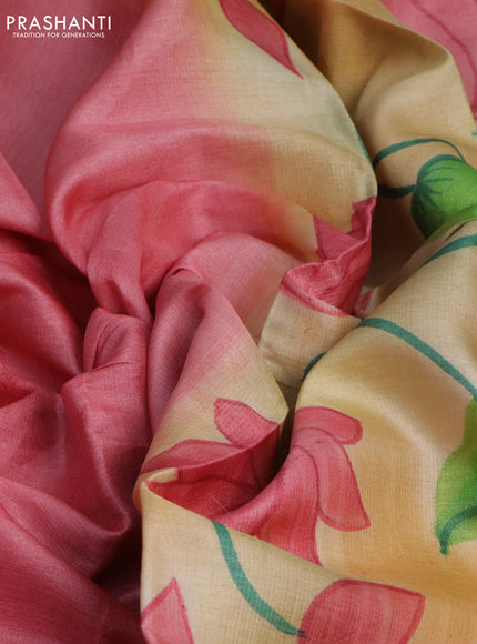 Pure tussar silk saree peach pink and pale orange with plain body and pichwai hand painted pallu & border