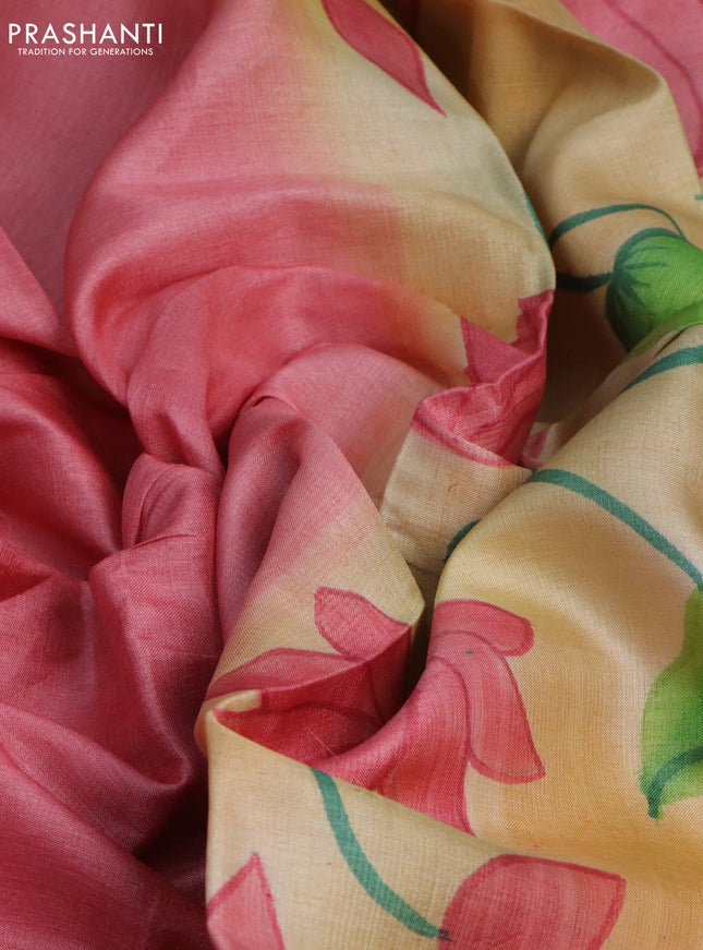 Pure tussar silk saree peach pink and pale orange with plain body and pichwai hand painted pallu & border