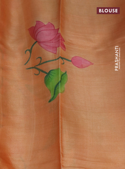 Pure tussar silk saree peach pink and pale orange with plain body and pichwai hand painted pallu & border