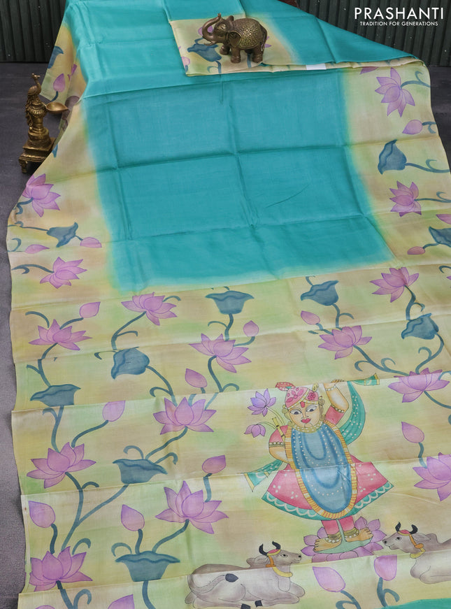 Pure tussar silk saree teal blue and green with plain body and pichwai hand painted pallu & border