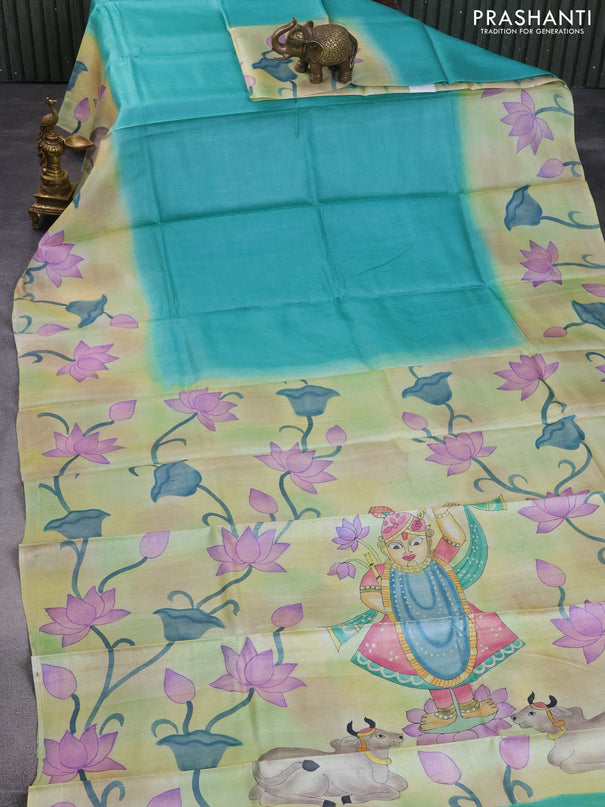 Pure tussar silk saree teal blue and green with plain body and pichwai hand painted pallu & border