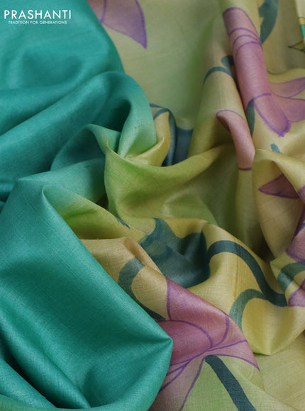 Pure tussar silk saree teal blue and green with plain body and pichwai hand painted pallu & border
