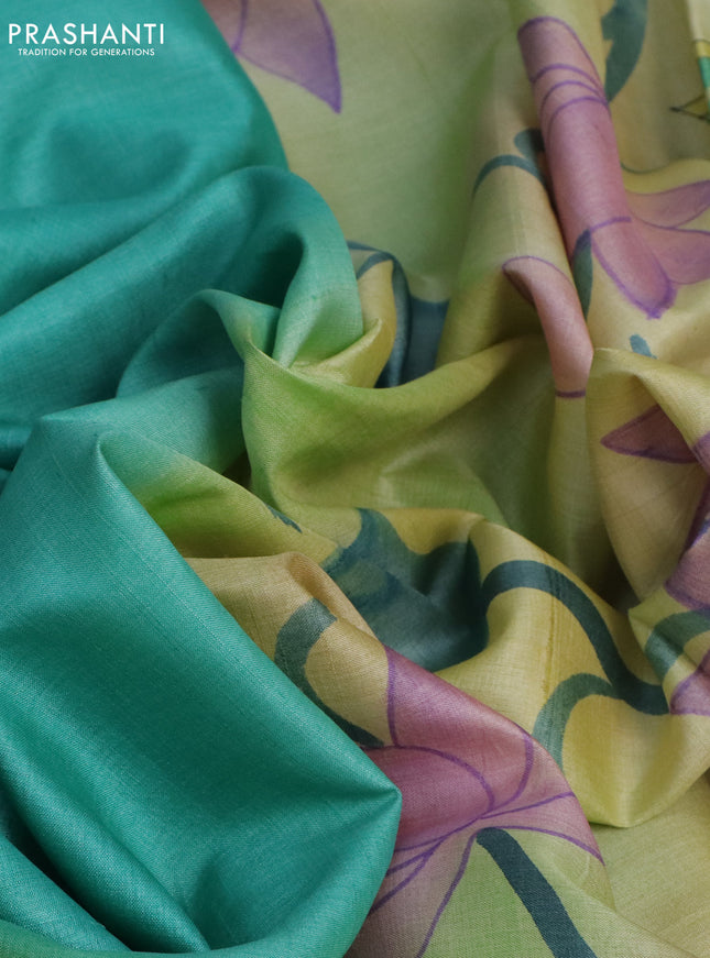 Pure tussar silk saree teal blue and green with plain body and pichwai hand painted pallu & border