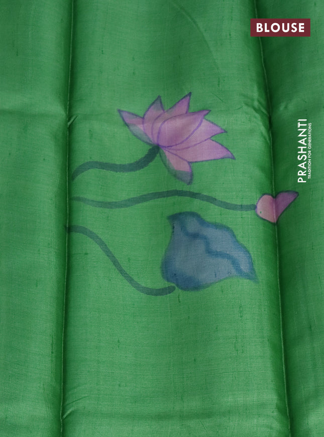 Pure tussar silk saree teal blue and green with plain body and pichwai hand painted pallu & border