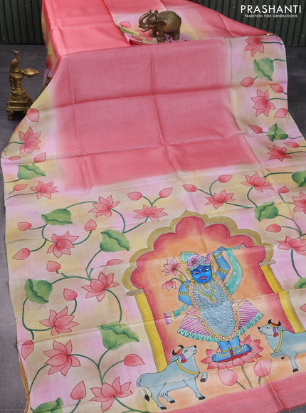 Pure tussar silk saree peach pink and rust shade with plain body and pichwai hand painted pallu & border