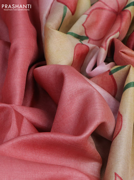 Pure tussar silk saree peach pink and rust shade with plain body and pichwai hand painted pallu & border