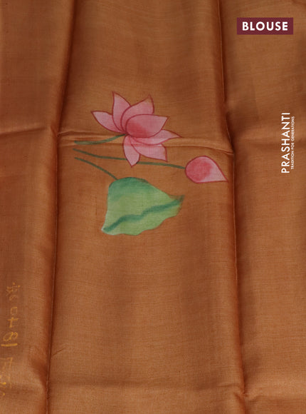 Pure tussar silk saree peach pink and rust shade with plain body and pichwai hand painted pallu & border