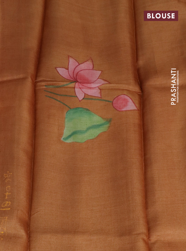Pure tussar silk saree peach pink and rust shade with plain body and pichwai hand painted pallu & border