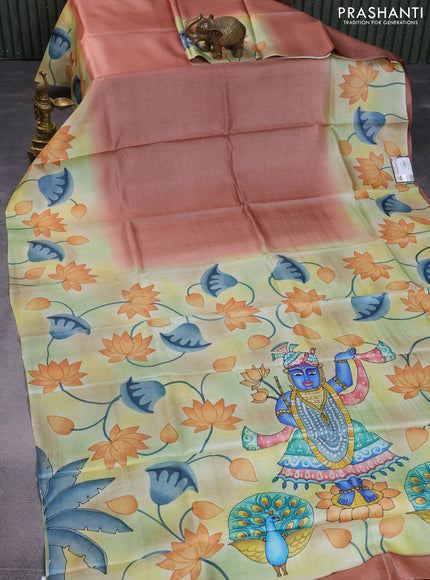 Pure tussar silk saree brown and green shade with plain body and pichwai hand painted pallu & border
