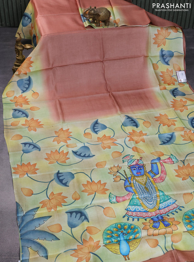 Pure tussar silk saree brown and green shade with plain body and pichwai hand painted pallu & border