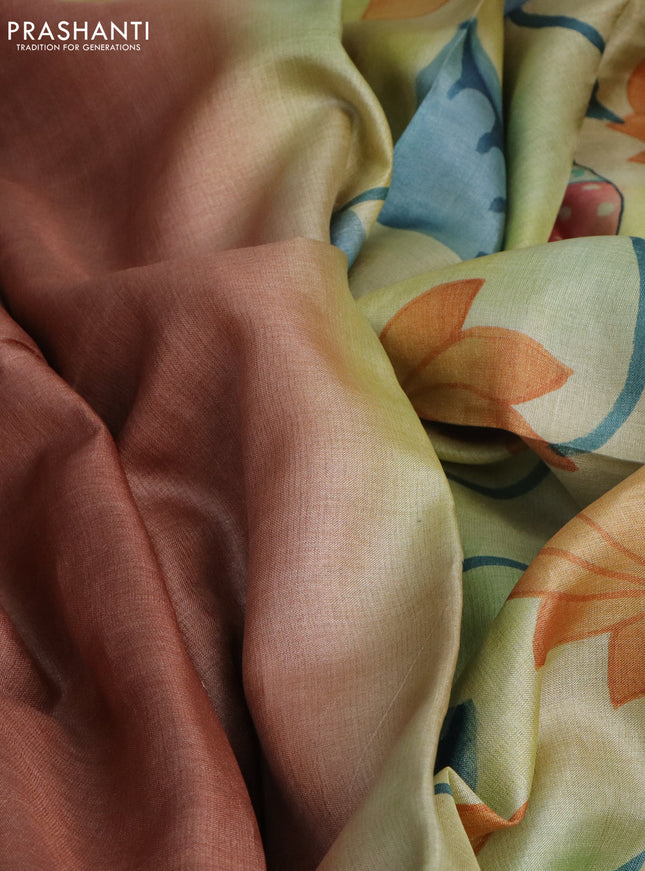 Pure tussar silk saree brown and green shade with plain body and pichwai hand painted pallu & border