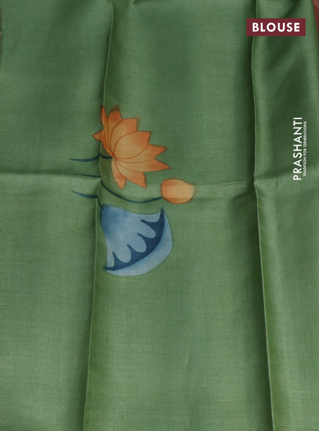 Pure tussar silk saree brown and green shade with plain body and pichwai hand painted pallu & border