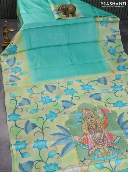 Pure tussar silk saree teal green and light green shade with plain body and pichwai hand painted pallu & border