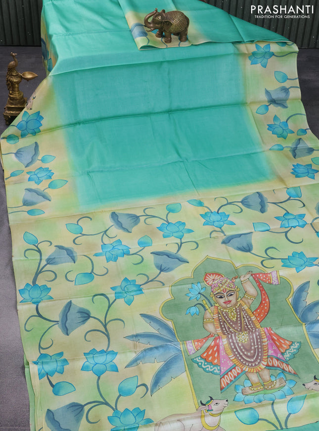 Pure tussar silk saree teal green and light green shade with plain body and pichwai hand painted pallu & border