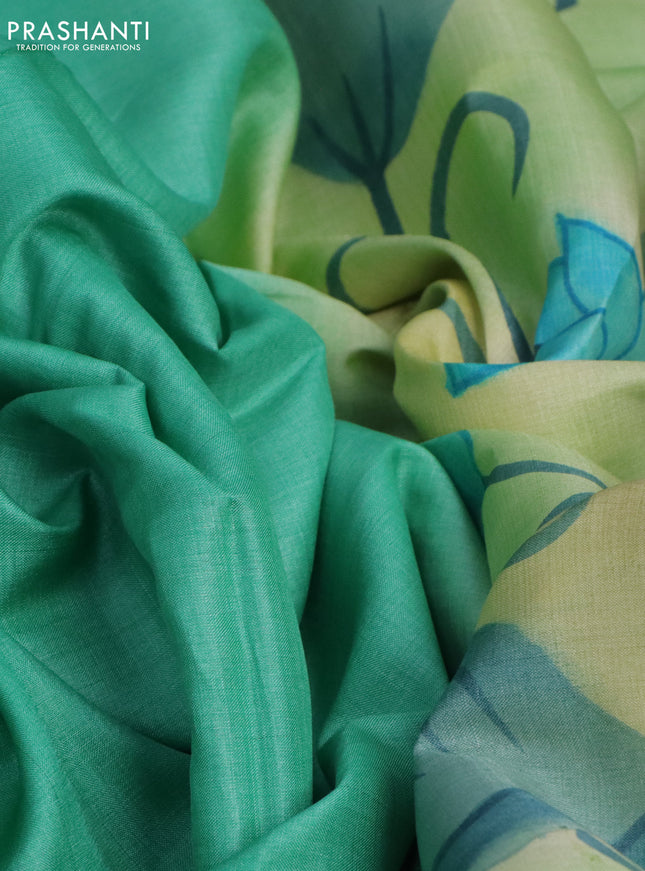 Pure tussar silk saree teal green and light green shade with plain body and pichwai hand painted pallu & border