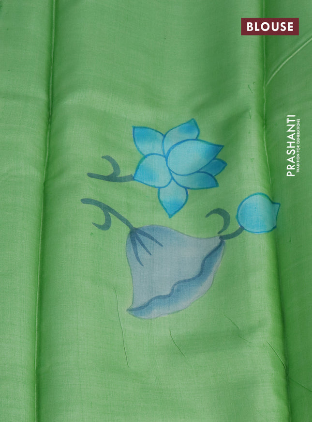 Pure tussar silk saree teal green and light green shade with plain body and pichwai hand painted pallu & border