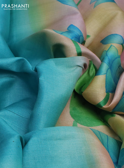 Pure tussar silk saree teal blue and pastel blue shade with plain body and pichwai hand painted pallu & border