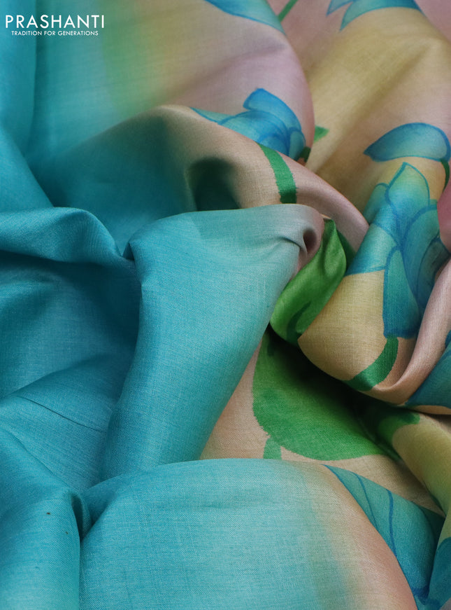 Pure tussar silk saree teal blue and pastel blue shade with plain body and pichwai hand painted pallu & border