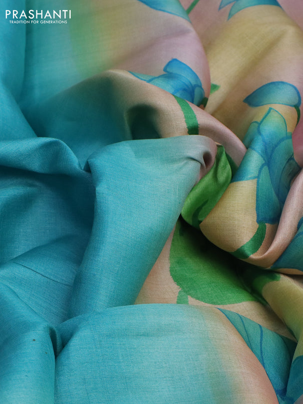 Pure tussar silk saree teal blue and pastel blue shade with plain body and pichwai hand painted pallu & border