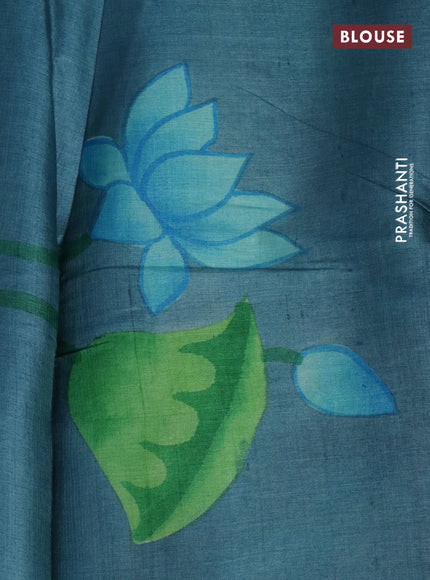 Pure tussar silk saree teal blue and pastel blue shade with plain body and pichwai hand painted pallu & border