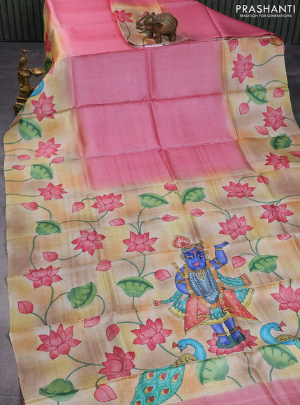 Pure tussar silk saree peach pink and rust shade with plain body and pichwai hand painted pallu & border