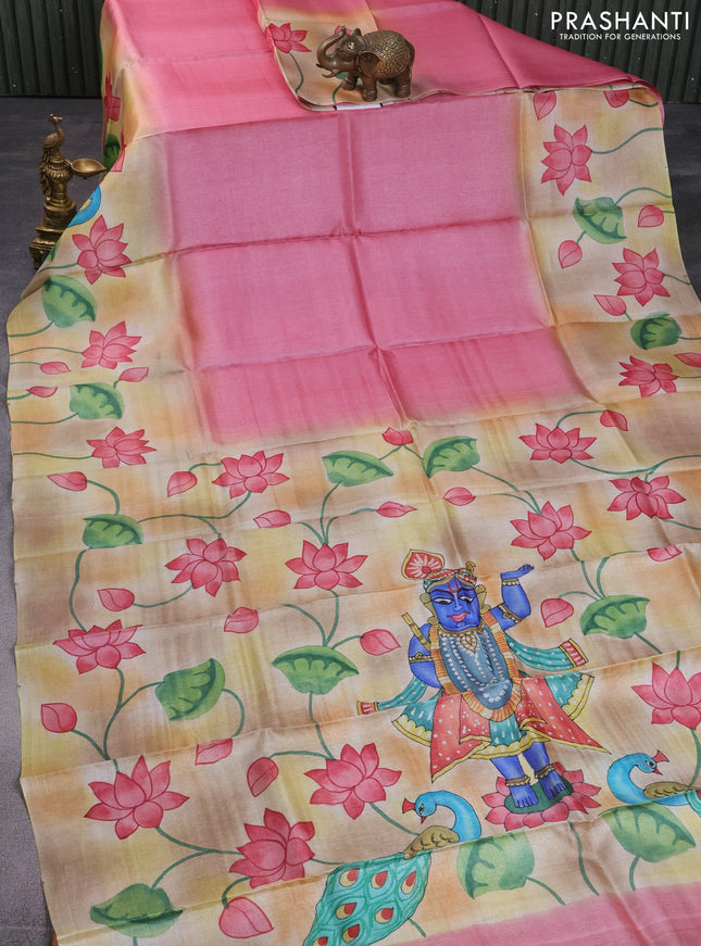 Pure tussar silk saree peach pink and rust shade with plain body and pichwai hand painted pallu & border