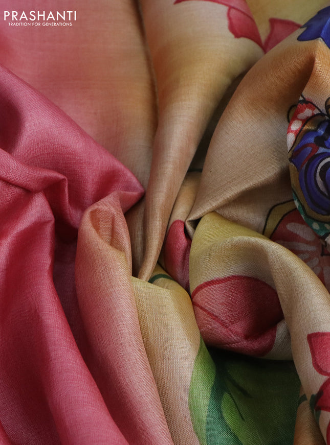 Pure tussar silk saree peach pink and rust shade with plain body and pichwai hand painted pallu & border