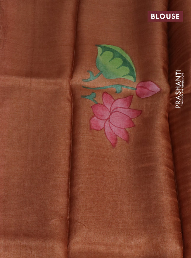 Pure tussar silk saree peach pink and rust shade with plain body and pichwai hand painted pallu & border