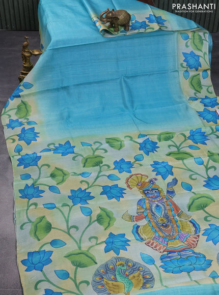 Pure tussar silk saree teal blue and bluish grey with plain body and pichwai hand painted pallu & border