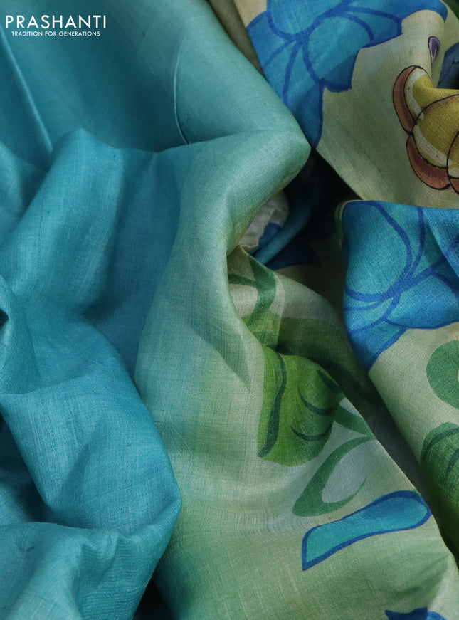 Pure tussar silk saree teal blue and bluish grey with plain body and pichwai hand painted pallu & border