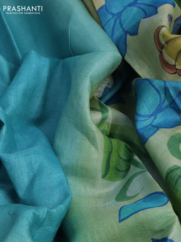 Pure tussar silk saree teal blue and bluish grey with plain body and pichwai hand painted pallu & border