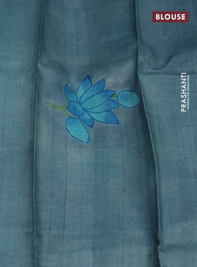 Pure tussar silk saree teal blue and bluish grey with plain body and pichwai hand painted pallu & border
