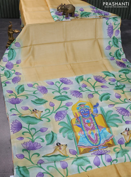 Pure tussar silk saree sandal and peach shade with plain body and pichwai hand painted pallu & border
