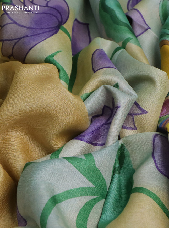 Pure tussar silk saree sandal and peach shade with plain body and pichwai hand painted pallu & border