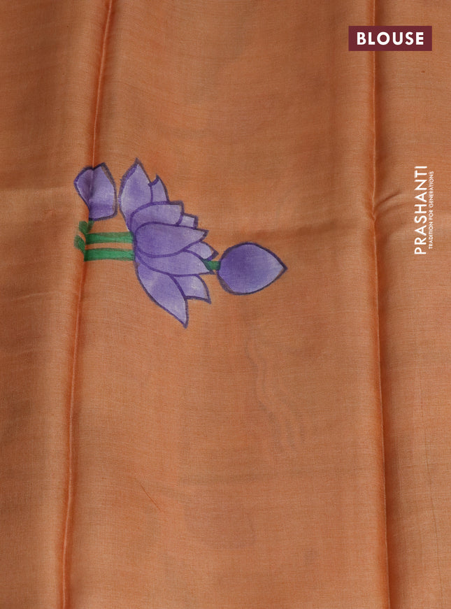 Pure tussar silk saree sandal and peach shade with plain body and pichwai hand painted pallu & border