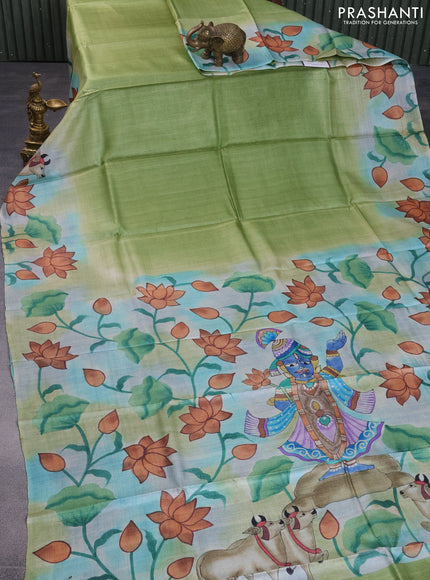 Pure tussar silk saree green and teal blue shade with plain body and pichwai hand painted pallu & border