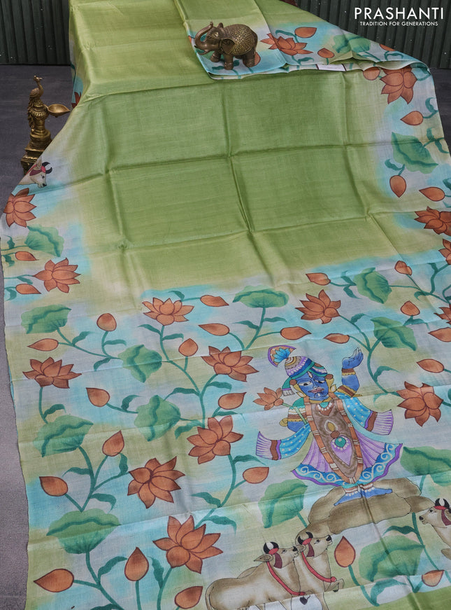 Pure tussar silk saree green and teal blue shade with plain body and pichwai hand painted pallu & border