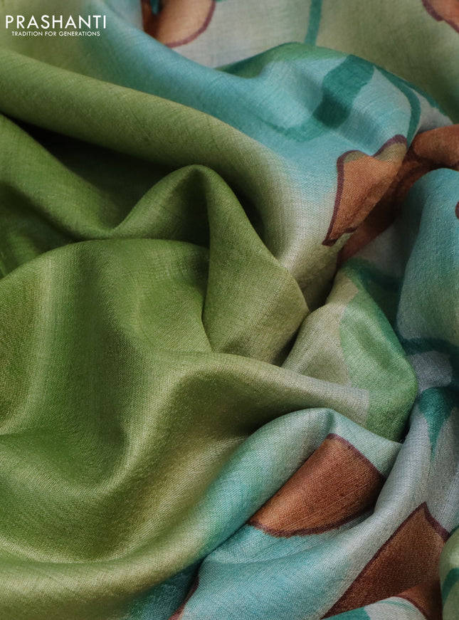 Pure tussar silk saree green and teal blue shade with plain body and pichwai hand painted pallu & border