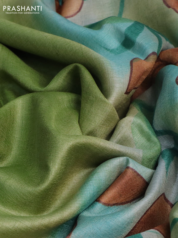 Pure tussar silk saree green and teal blue shade with plain body and pichwai hand painted pallu & border