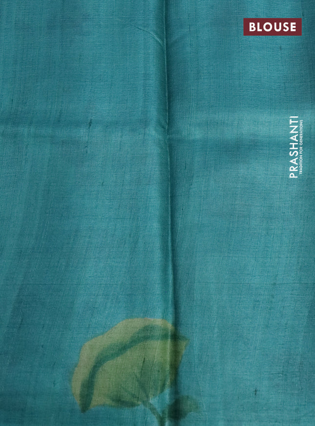 Pure tussar silk saree green and teal blue shade with plain body and pichwai hand painted pallu & border
