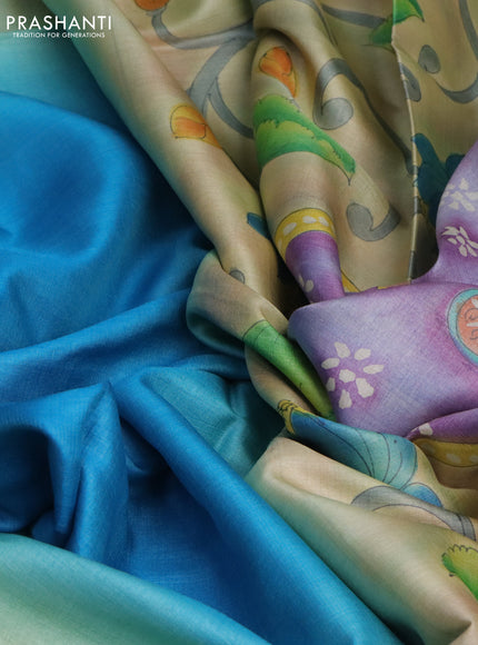 Pure tussar silk saree cs blue and pastel brown with plain body and pichwai hand painted pallu & border