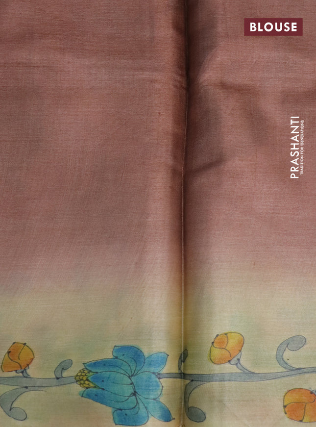 Pure tussar silk saree cs blue and pastel brown with plain body and pichwai hand painted pallu & border